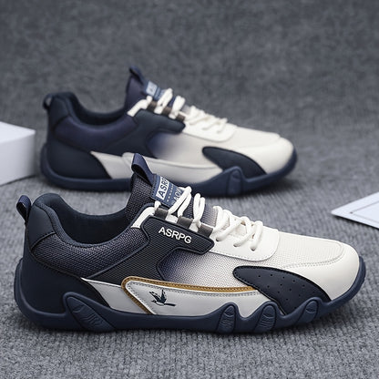 Men's Breathable Low-Top Casual Sneakers - Sporty Lace-Up Walking Shoes with Navy/White/Golden Accents, All-Season Outdoor & Everyday Comfort, Durable Fabric Upper & PVC Sole, Comfortable Footwear, Sleek Shoe Design, Lightwei