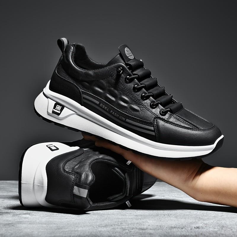 Men's Breathable Casual Sneakers - Comfortable, Versatile & Stylish Shoes for Running, Sports & Casual Attire, Black with White Accents, PU Upper & PVC Sole, Round Toe, Lace-Up Design, All-Season Use