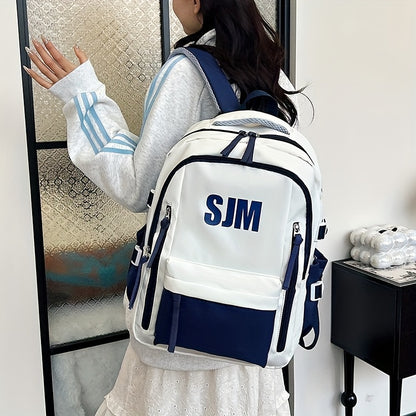 Stylish Unisex Nylon Backpack - Durable Casual Travel & School Bag with Adjustable Straps, White & Blue Design, Lightweight and Spacious for Everyday Use, School Backpack | Contrast Strap Design | Polyester Lined, Travel Back