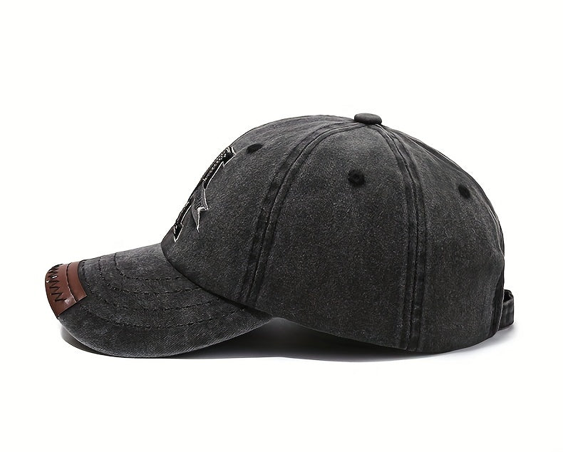 1pc Vintage Washed Cotton Baseball Cap with Embroidered Letter "M" - Adjustable Snapback, Lightweight Sun Hat for Men & Women, Black with Brown Band, Adjustable Baseball Cap