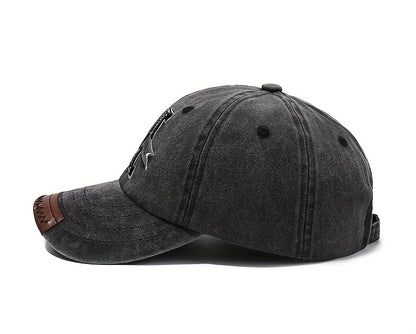 1pc Vintage Washed Cotton Baseball Cap with Embroidered Letter "M" - Adjustable Snapback, Lightweight Sun Hat for Men & Women, Black with Brown Band, Adjustable Baseball Cap