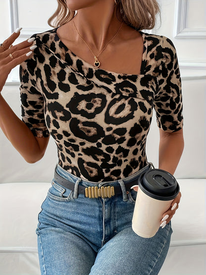 Women's Leopard Print T-Shirt - Sexy Asymmetrical neckline, Non-See-Through Fabric, Machine Washable Top for Everyday & Formal Outfits - All-Season Animal Print Blouse, Ladies T-shirts, Elegant Style, Stylish Outfit, Soft Tex