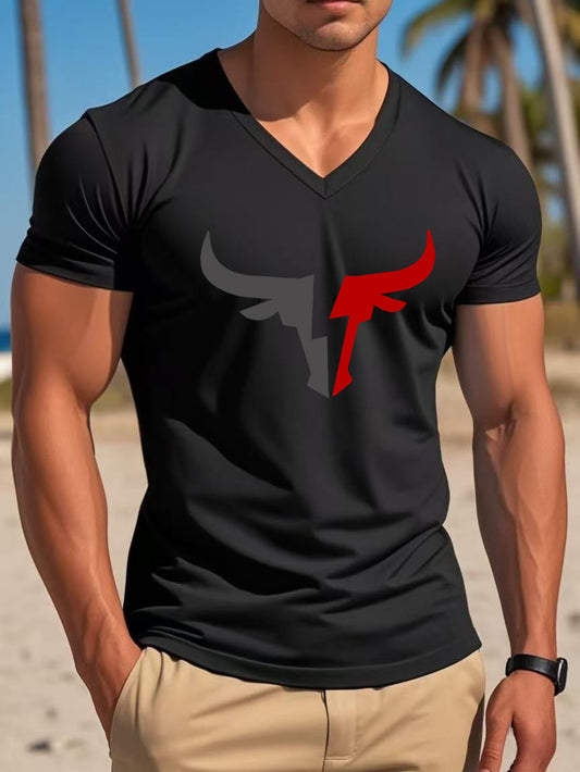 Men's Casual V-Neck T-Shirt with Bold Head Graphic Print - White & Black Contrast Design, Breathable Regular Fit Short Sleeve Tee for Spring Summer Casual Wear, Quality Fabric Shirt