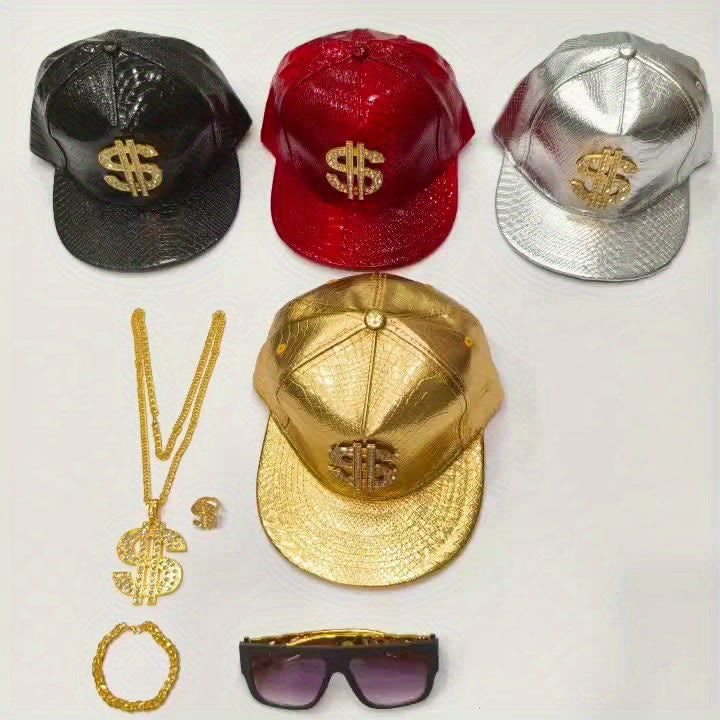 5pcs Hip Hop Costume Kit 80s 90s Rapper Accessories Set Golden Rapper Hat Baseball Cap Punk Fashion Glasses Golden Dollar Sign Pendant Necklace Ring Bracelet for Men Women Carnivals, throwback party Outfit Halloween Jewelry f