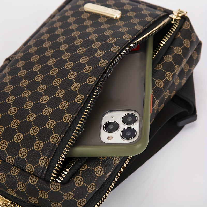 Men'S Classic Black PU Crossbody Bag with Geometric Pattern, Key Holder, Zipper Closure, Polyester Lining, Urban Style, Commuter Bag|Geometric Pattern Bag|Zippered Closure Bag