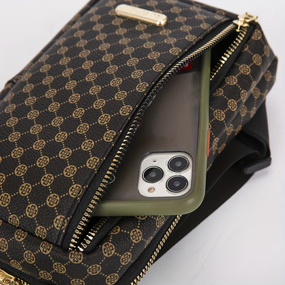 Men'S Classic Black PU Crossbody Bag with Geometric Pattern, Key Holder, Zipper Closure, Polyester Lining, Urban Style, Commuter Bag|Geometric Pattern Bag|Zippered Closure Bag