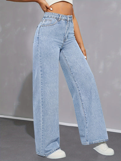 Women's High-Waist Light Blue Denim Wide-Leg Jeans with Elastic Waistband - Casual, Non-Stretch, Button Closure, Perfect for All Seasons