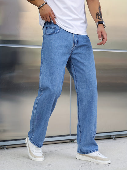 Men's Loose Fit Wide Leg Jeans, Street Style Stretch Casual Pants
