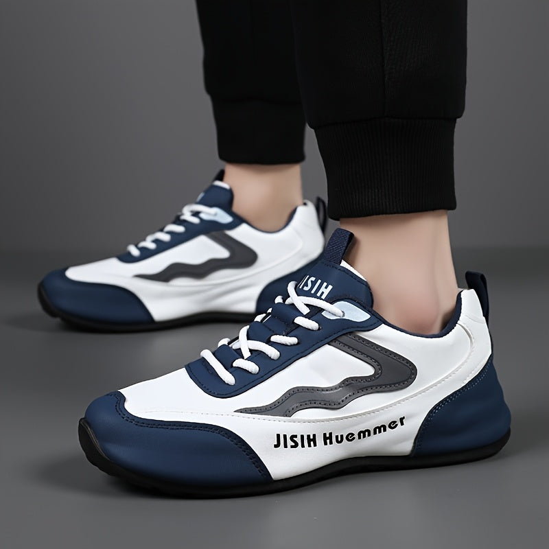 Men's Breathable Color-Block Low-Top Running Shoes - White & Navy Blue Contrast Design, Durable PU Upper & PVC Sole, All-Season Non-Slip Traction for Gym, Jogging, Casual Wear, Jogging Footwear | Sporty Look | Fabric Lined In