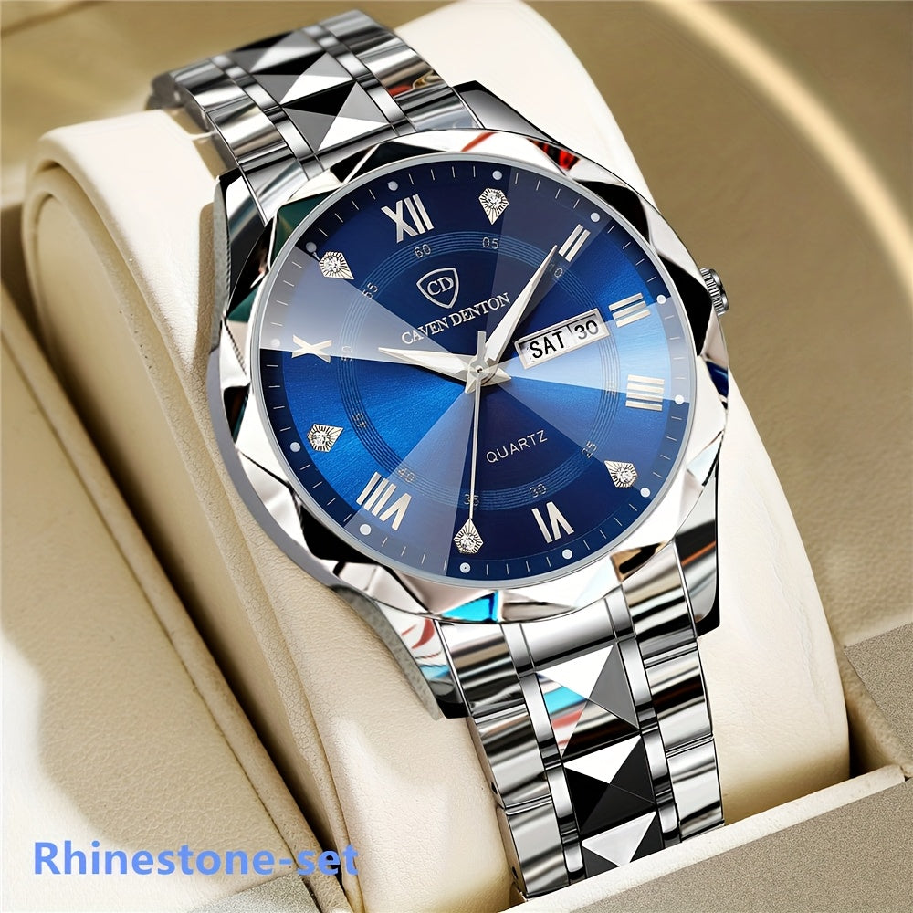 Fashionable Men'S Quartz Watch with a Diamond-shaped Dial, IPX7 Waterproof, Dual Calendar, Luminous Steel Strap, Business Watch