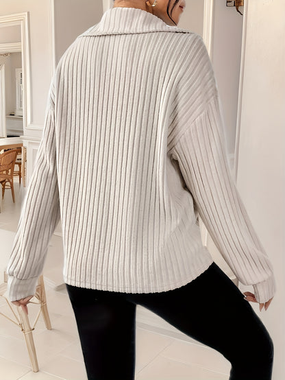 [Everyday Elegance] Women's Elegant Ribbed Knit Collared T-Shirt - Black, Long Sleeve, Zip-Up Design, Soft Polyester Blend, Machine Washable, Perfect for Spring & Fall, Ladies T Shirts