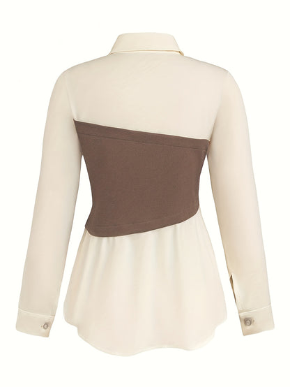 Elegant daily commuting two-piece set for ladies, featuring a color-blocked and pieced-together shirt and wide-leg trousers, suitable for all four seasons and machine washable.