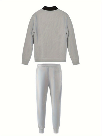 2pcs Men'S Casual Sports Sweatsuit Set, Polyester Knit Fabric, Baseball Collar, Slight Stretch, Solid Color, Regular Fit, with Pockets, for Fall/Winter - Lounge & Weekend Casual Outfit