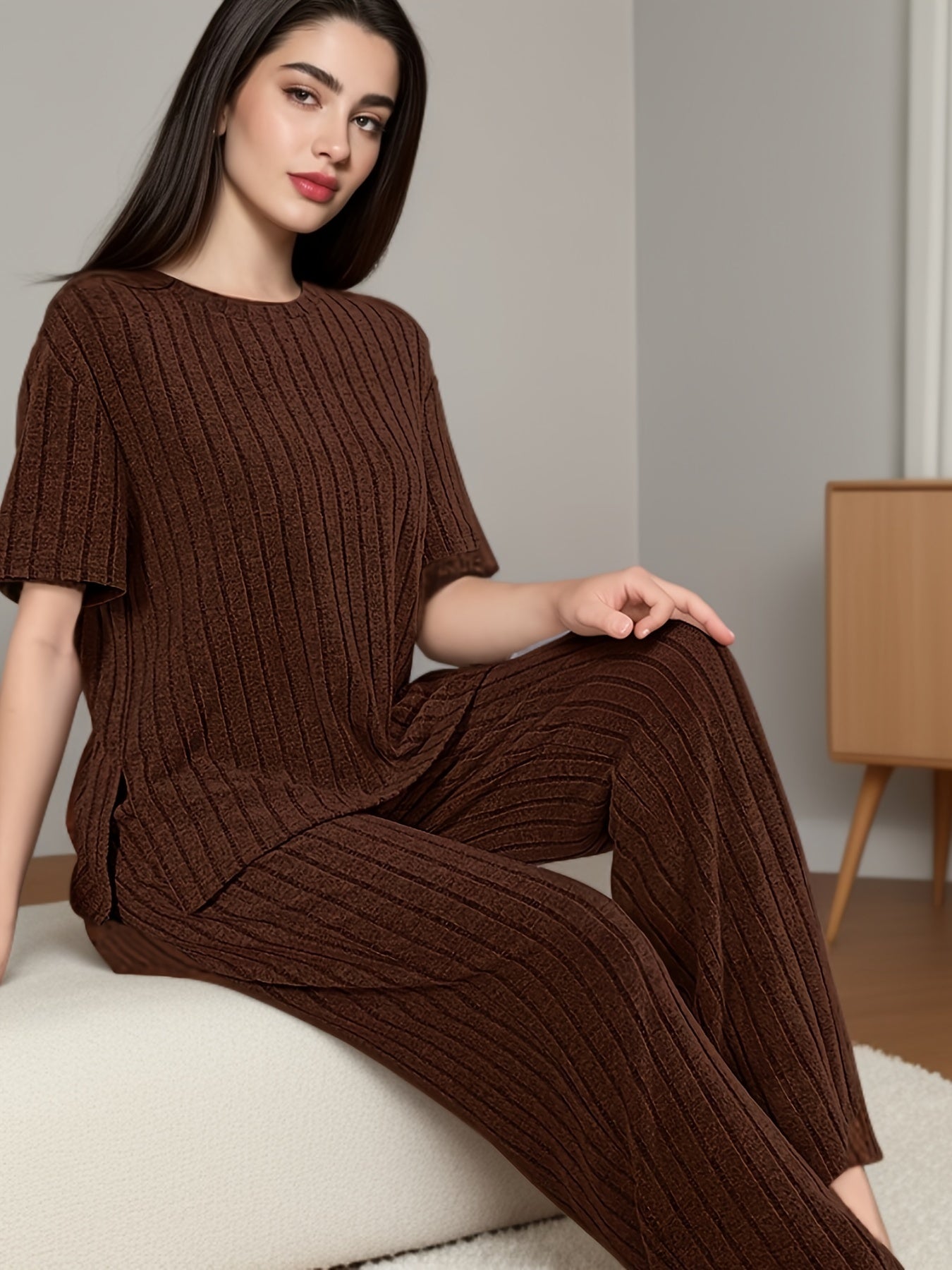 Women's Solid Ribbed Elegant Loose Fit Lounge Set, Short Sleeve Round Neck Top & Pants, Comfortable Relaxed Fit