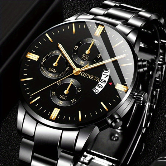 Men'S Luxury Black Stainless Steel Quartz Watch with a Date Feature, Ideal for Business Occasions.