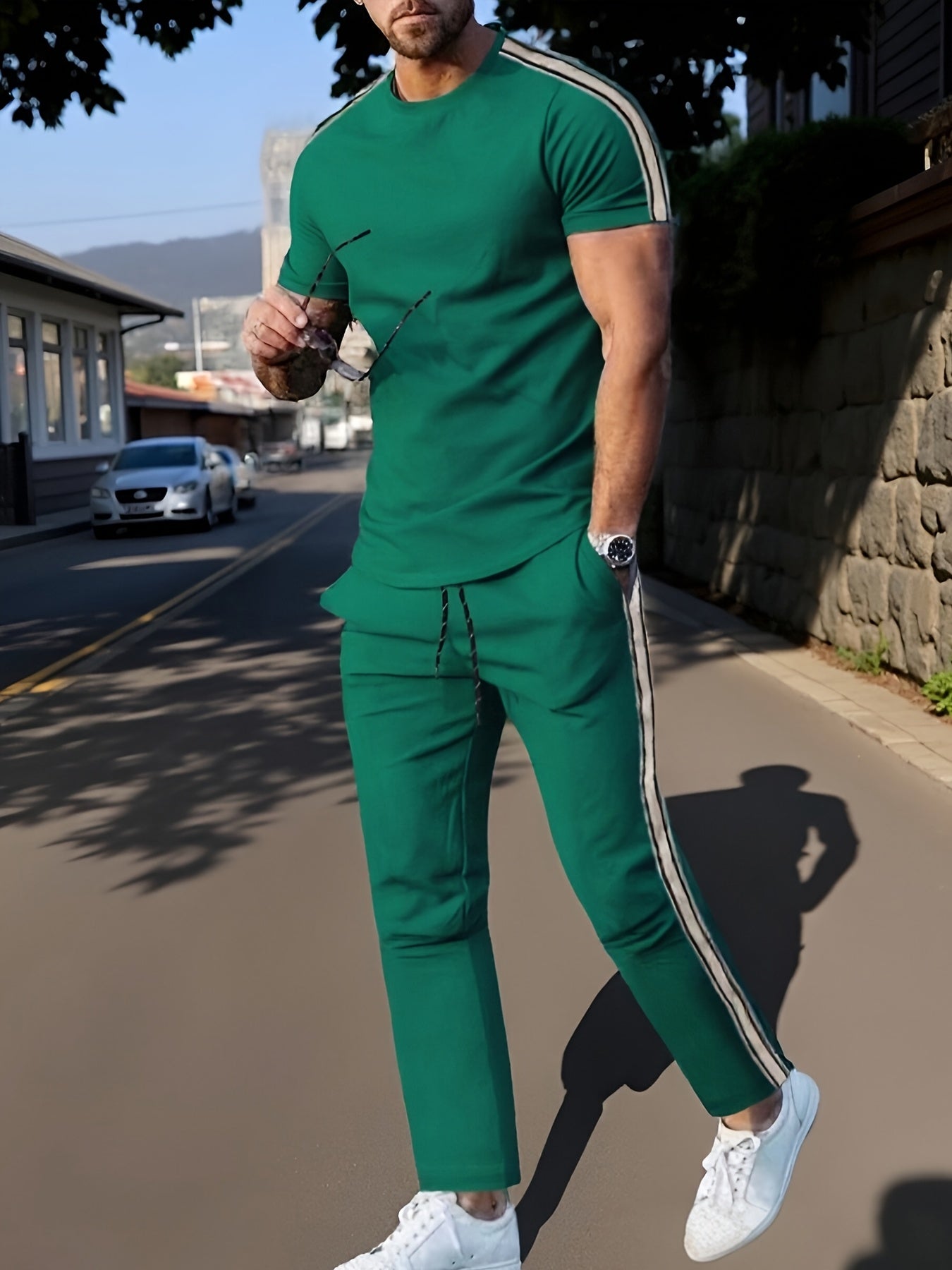 Cross-Border New Summer 2pcs Short-Sleeved T-Shirt And Long Pants Casual Men'S Casual Outdoor Sports Suit, Side Stripe Casual And Fashionable Men'S 2pcs Set