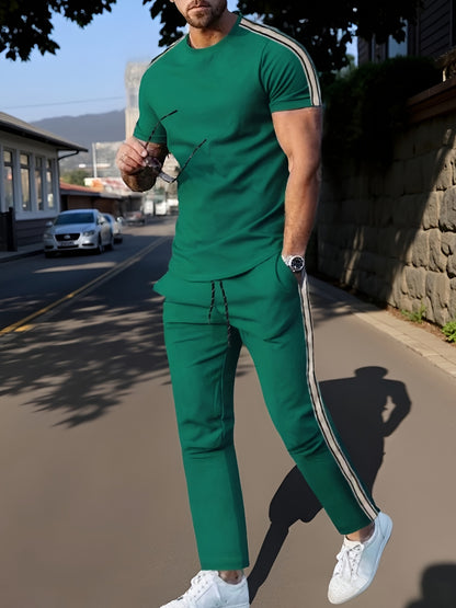 Cross-Border New Summer 2pcs Short-Sleeved T-Shirt And Long Pants Casual Men'S Casual Outdoor Sports Suit, Side Stripe Casual And Fashionable Men'S 2pcs Set