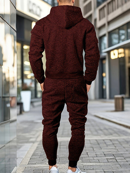 Men's Casual Sports Hoodie and Pants Set with Zipper, Drawstring, Fleece-Lined - Polyester Blend, Machine Washable