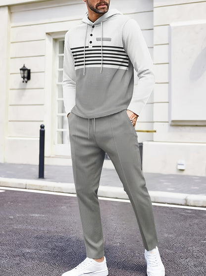 New Men's Casual Set Outdoor Versatile High Fashion Men's Hoodie Color blocked Striped Long Sleeve Top Long Pants Two Piece Set for Men