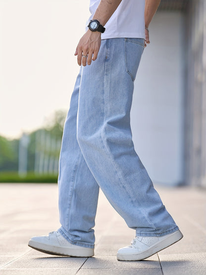 Men's Relaxed Fit Light Blue Denim Jeans - Casual Straight Leg Blend Pants, Machine Washable, Comfortable for Casual Attire, Casual Wear Jeans | Relaxed Fit Jeans | Blend Denim