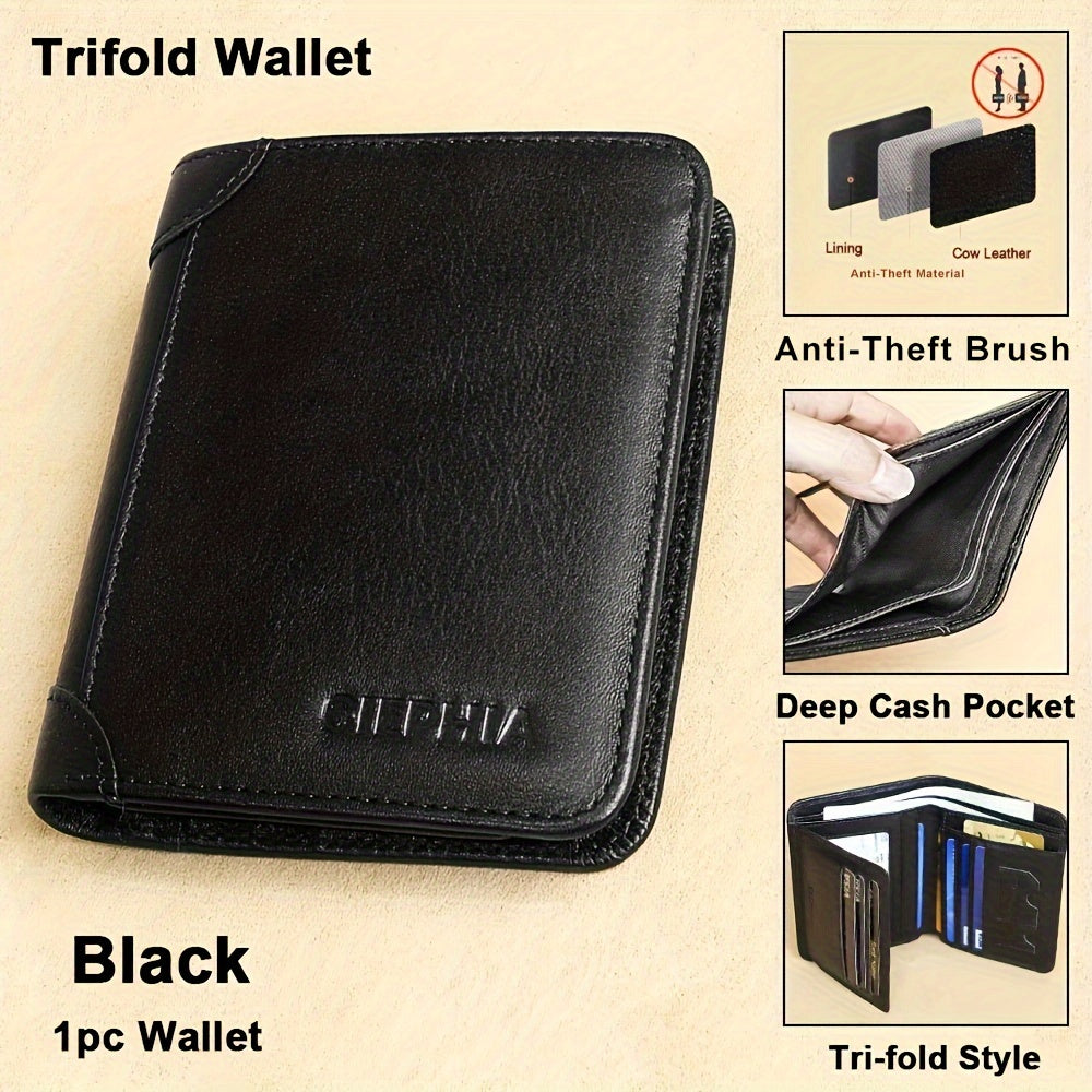 1pc CIEPHIA Vintage Genuine Leather RFID Blocking Wallet for Men - Slim, Multi-Functional ID & Credit Card Holder, Deep Brown with Embossed Logo, Ideal Gift for Valentine's Day