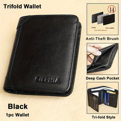 1pc CIEPHIA Vintage Genuine Leather RFID Blocking Wallet for Men - Slim, Multi-Functional ID & Credit Card Holder, Deep Brown with Embossed Logo, Ideal Gift for Valentine's Day