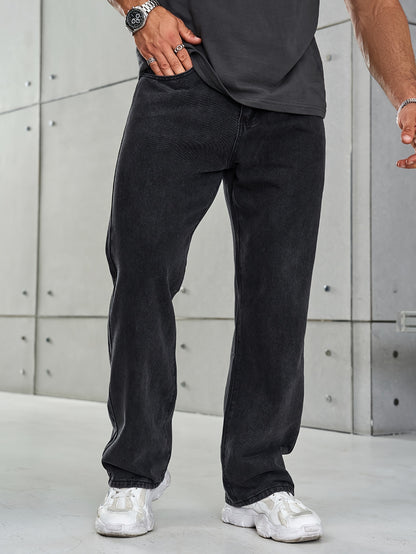 Men's Loose Fit Wide Leg Jeans, Street Style Stretch Casual Pants