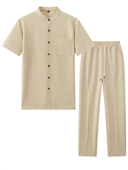 Men'S Two-Piece Set Featuring a Short-Sleeve Cardigan with Pockets And Drawstring Pocket Long Pants, Perfect for a Clean And Comfortable Summer.