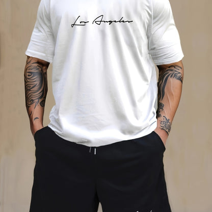 Men'S Casual 2pcs Set, Los Angeles Print, Short Sleeve Crew Neck T-Shirt & Knee-Length Shorts, Polyester & Spandex Blend, Comfortable Home Wear, All-Season Knit Fabric with Pockets, Regular Fit