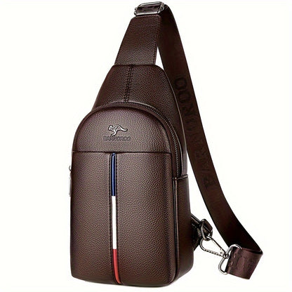 DARWNORO Men's Stylish PU Leather Sling Bag - Casual Shoulder & Crossbody Bag with Zipper Closure, Brown with White & Red Accents, Perfect for Daily Commute, Motorcycle Inspired Design, PU Leather Crossbody Bag