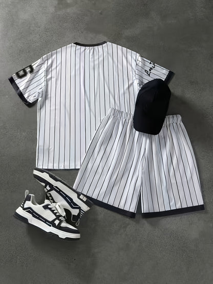 2pcs Set, Men'S Plus Size Los Angeles 66 Print T-Shirt + Shorts - Casual Sportswear, Breathable Stretch Knit Fabric, Crew Neck, Machine Washable, Black and White Diagonal Stripe, Party Clothing | Casual Style | Comfort Fit, L
