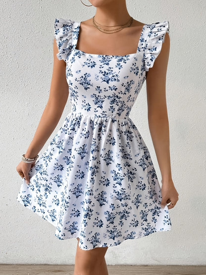 Flowing Silhouette, Elegant Women's Floral Print Dress with Ruffle Sleeves and Tie-Back Detail - Chic Beachwear for Spring/Summer, Light Blue with White Flowers, Polyester Blend, Beachwear Dress|Aline Silhouette|Smooth Glossy