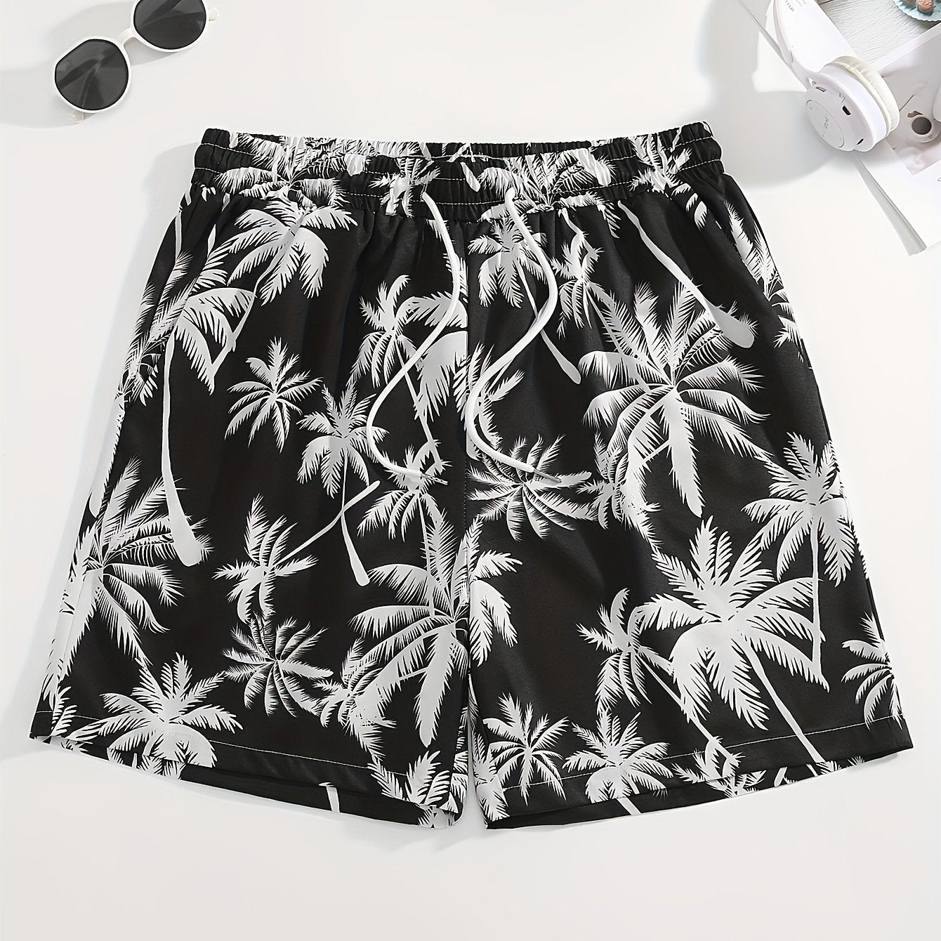 Men's Tropical Coconut Tree Print Drawstring Shorts - Casual, Loose-Fit Beachwear with Pockets