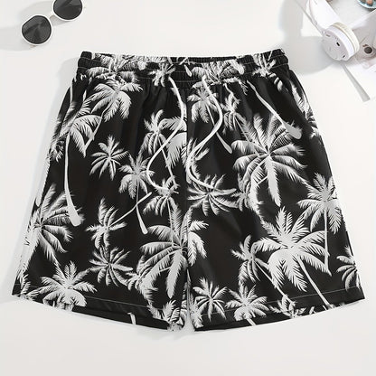 Men's Tropical Coconut Tree Print Drawstring Shorts - Casual, Loose-Fit Beachwear with Pockets
