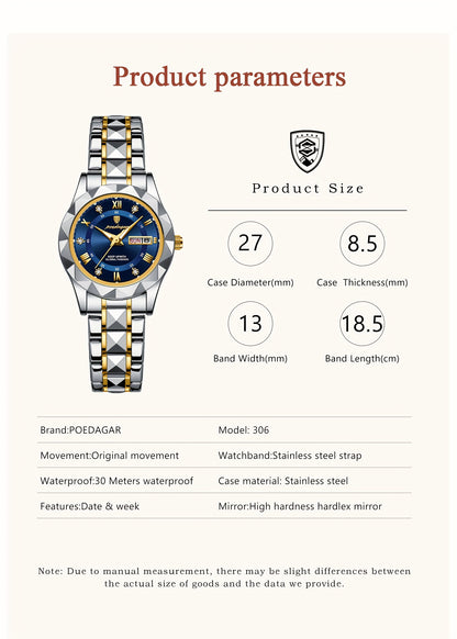 POEDAGAR Women's Elegant Stainless Steel Quartz Watch with Luminous Blue Dial, Roman Numerals, Date Calendar, IPX7 High Quality & -Accented Band for Casual & Formal Wear