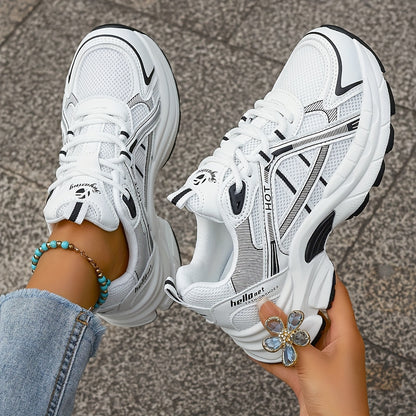 Women's Minimalist Black and White Thick-Sole Lace-Up Sneakers with Breathable Mesh Material, Comfortable for Daily Wear and Light Exercise