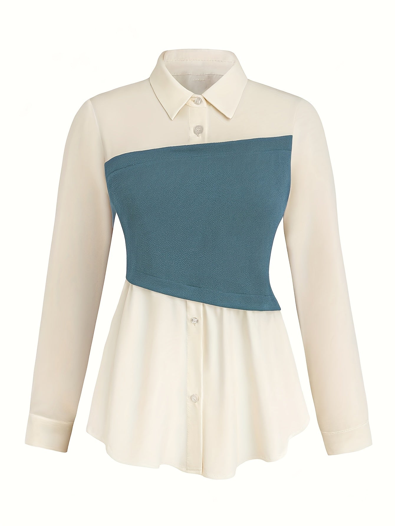 Elegant daily commuting two-piece set for ladies, featuring a color-blocked and pieced-together shirt and wide-leg trousers, suitable for all four seasons and machine washable.