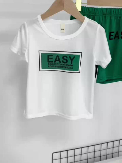 Boys' 3pcs Set White Crew Neck T-Shirt with EASY Lettering & Green Elastic Waist Shorts & Green Crossbody Bag Casual Comfortable Outdoor Outfit, Gift Idea, Perfect for Outdoor
