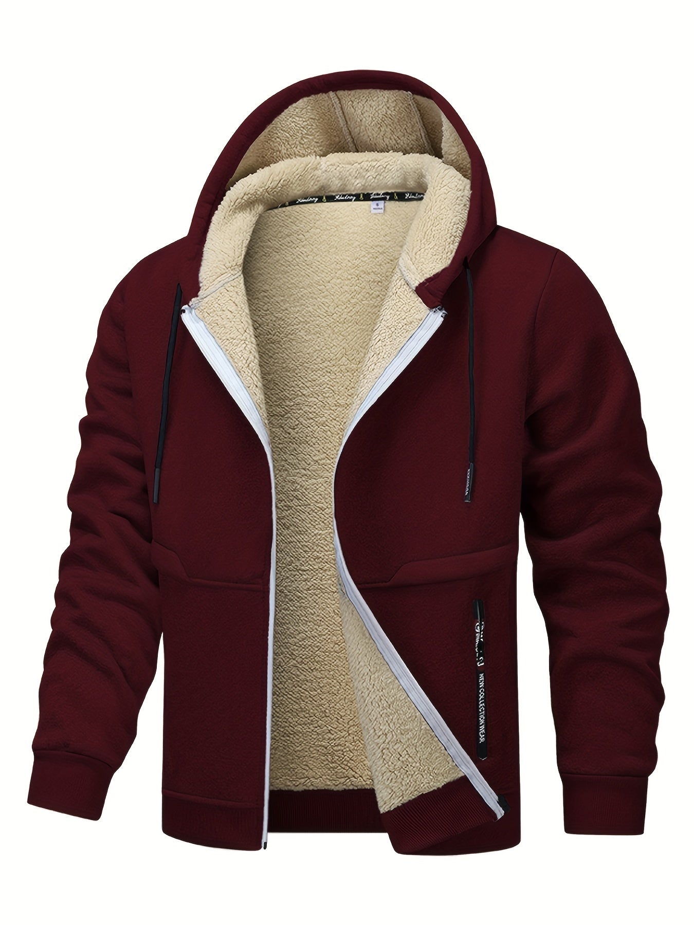1pc Men'S Casual Style Hooded Jacket, Thick Fleece Lined, Warm Autumn/Winter Fashion, Solid Color, Polyester Knit with Pockets, Regular Fit