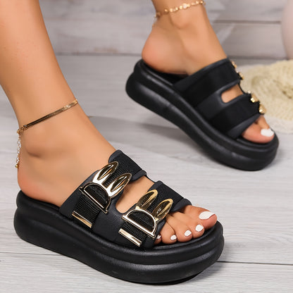 Women'S Stylish Black Slide Sandals with Golden Buckles - Comfortable Flat Sole, Open-Toe Design, Perfect for Beach or Casual Summer Wear, Casual Summer Wear|Open Toe Sandals|Synthetic Cover Sandals