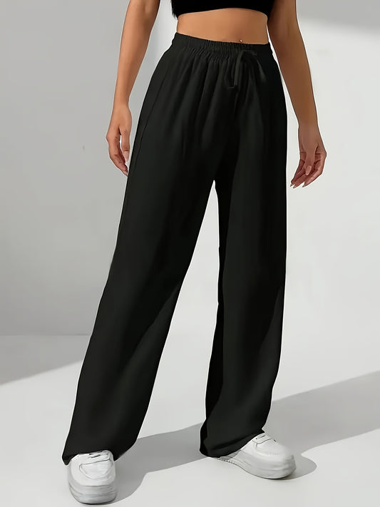 Women'S Stylish Black Wide-Leg Pants with Elastic Waistband - Casual All-Season Drawstring Pockets, Perfect for Weekends and Casual Attire, Casual Attire Pants|Wide Leg Fashion|Elastic Waistband Pants