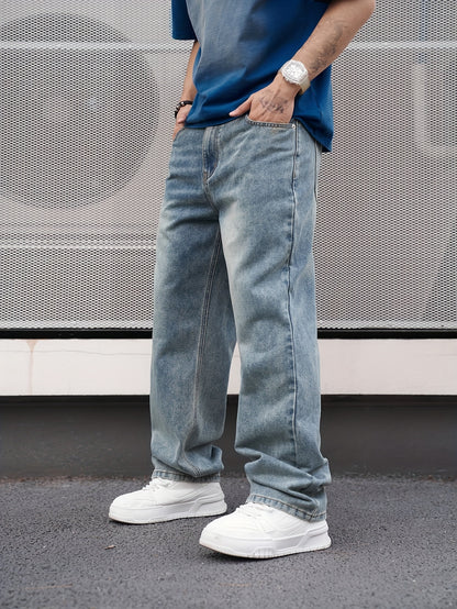 Men's Casual Straight-Leg Washed Denim Jeans - Light Blue, Loose Fit, Slant Pockets, Comfortable Blend for Casual Attire