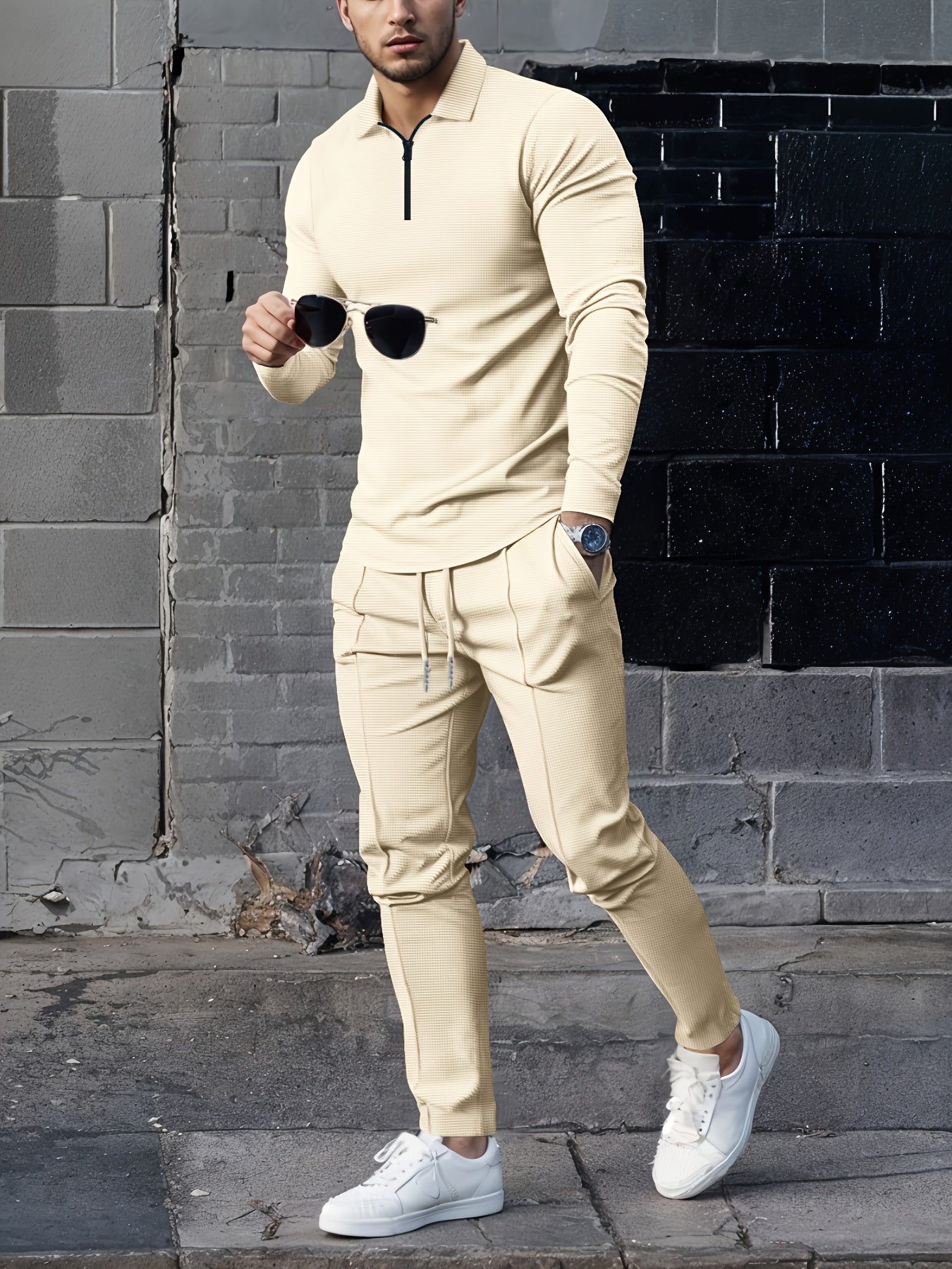 2025 collar half zipper long sleeved two-piece set, collar zipper allows for free breathing, casual pants to wear, knitted fabric is softer, multi color and multi style, Men's solid color is simple and not simple.