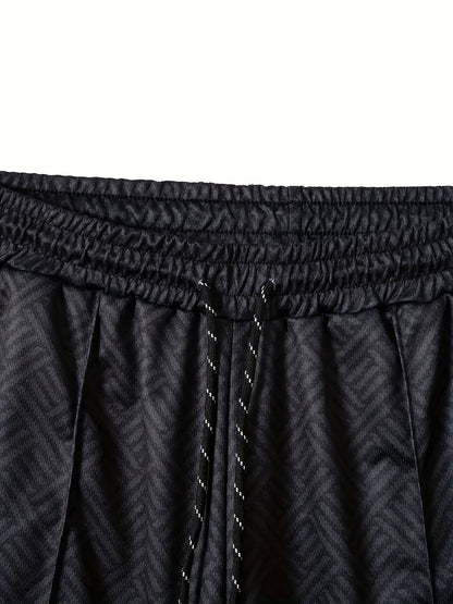 Men'S Tropical Print Casual Suit - Black Short Sleeve Zipper Shirt with White Pockets Shorts, Polyester, Machine Washable, Summer Beachwear, Summer Wear | Relaxed Fit Shirt | Woven Texture