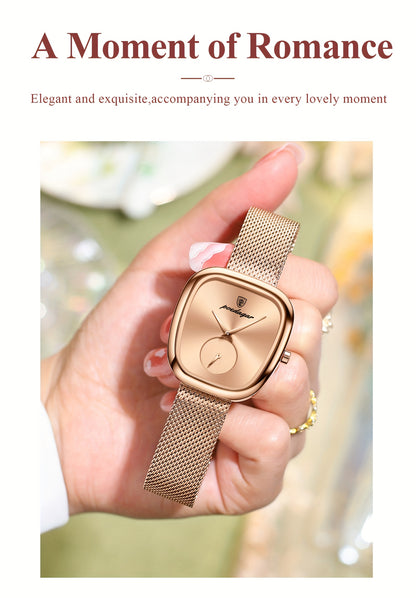 POEDAGAR Elegant Women's Quartz Watch - Waterproof, Stainless Steel Mesh Band, Rose Golden Square Dial, Black Strap, Perfect for Parties & Casual Attire, Stylish Timepiece | Elegant Design | Mesh Strap Watch, Watch Accessorie