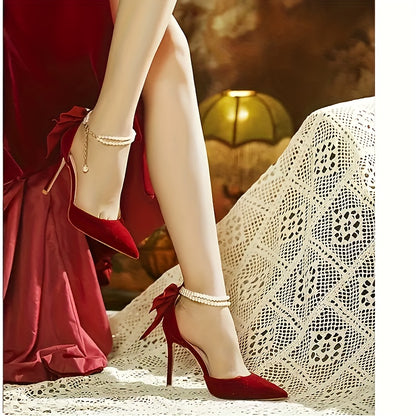 Women's Elegant Summer Evening Dress Shoes with Red Thin Heels, Bow Detail and Comfortable Fit with Insole Pair