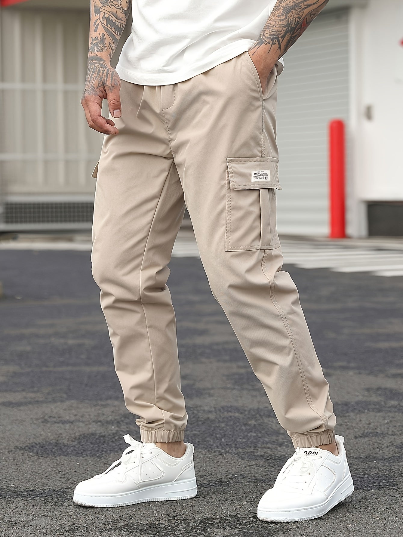 1pc Men'S Casual Polyester Cargo Pants - Mid Waist Elastic Joggers with Multiple Pockets, Non-Stretch Solid Color, Regular Fit for Weekend Wear - Spring/Fall Fashion Trousers