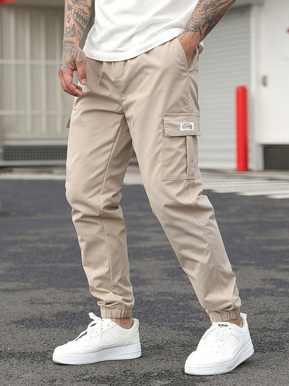 1pc Men'S Casual Polyester Cargo Pants - Mid Waist Elastic Joggers with Multiple Pockets, Non-Stretch Solid Color, Regular Fit for Weekend Wear - Spring/Fall Fashion Trousers