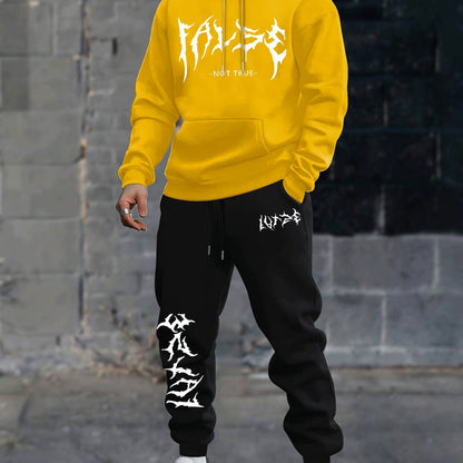 Durable Fabric, Men's Casual Sporty Hoodie and Jogger Set - Trendy Geometric Print, Blue and Black, Polyester Blend, Machine Washable, Perfect for Fall/Winter