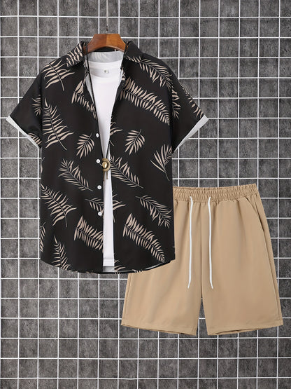 2-piece Men's Holiday Style Summer Outfit Set, Leafs Pattern Print Short Sleeve Button Up Lapel Shirt Top & Solid Drawstring Shorts With Pockets